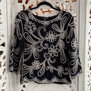 Black & Silver Embroidered Silk Holiday Blouse by Jewel Queen-90s Vintage- Large